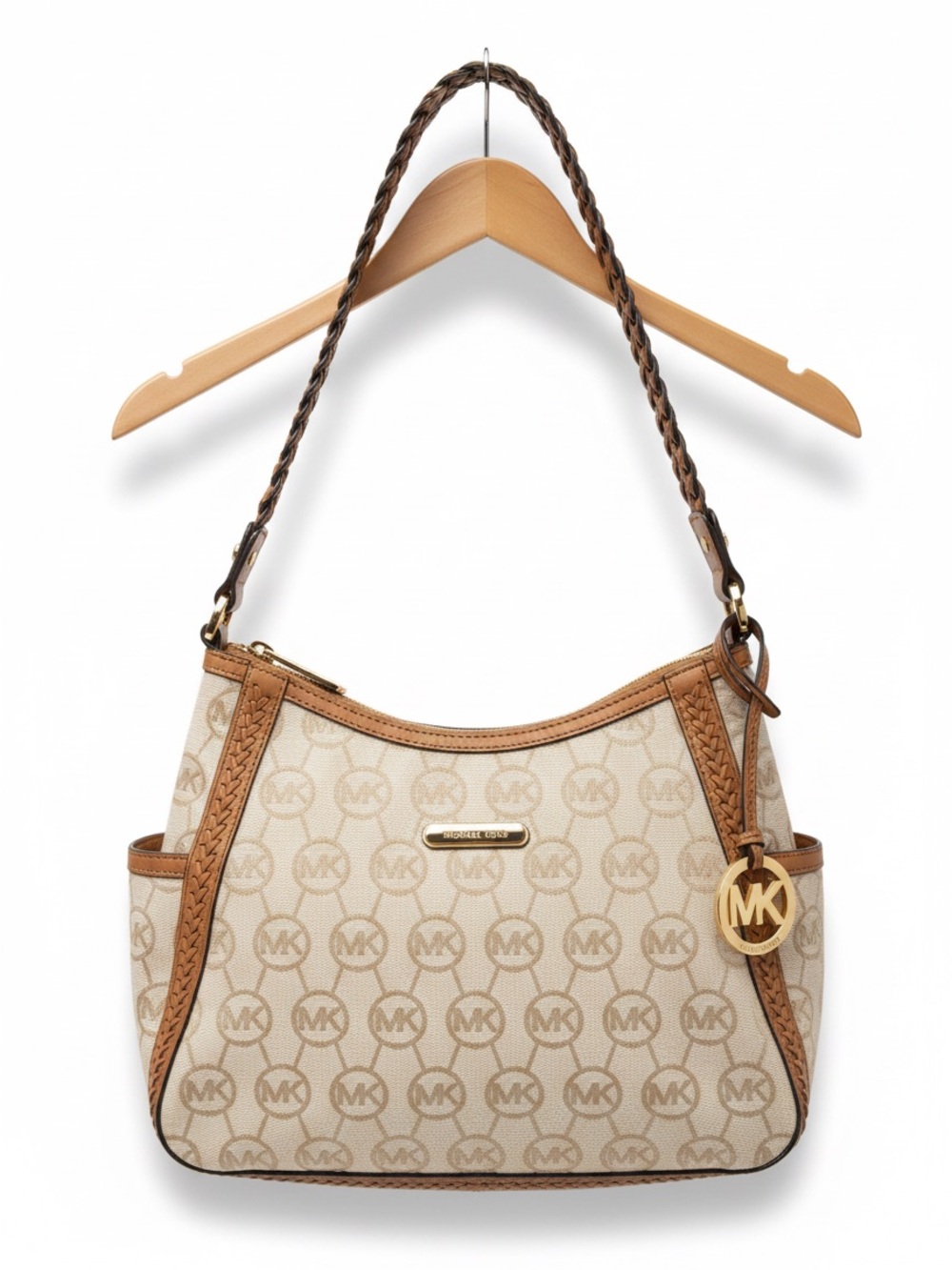 Michael Kors Vanilla and Acorn MK logo Braided Leather Trim Hobo Shoulder Bag
